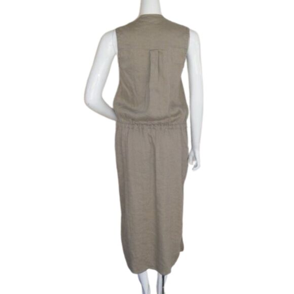 VINCE Midi Dress, XS, Khaki, Career, Sleeveless, Linen, Shirtdress - Picture 6 of 11